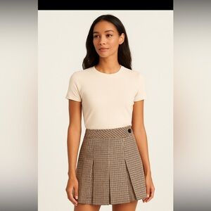 NWT Joe B by Joe Benbasset Tan Black Houndstooth Pleated Mini Skirt Size Small